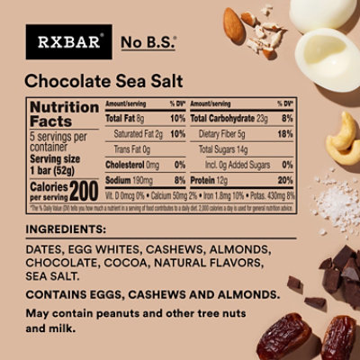 RXBAR Protein Bar 12g Protein Chocolate Sea Salt 5 Count - 9.15 Oz - Image 7