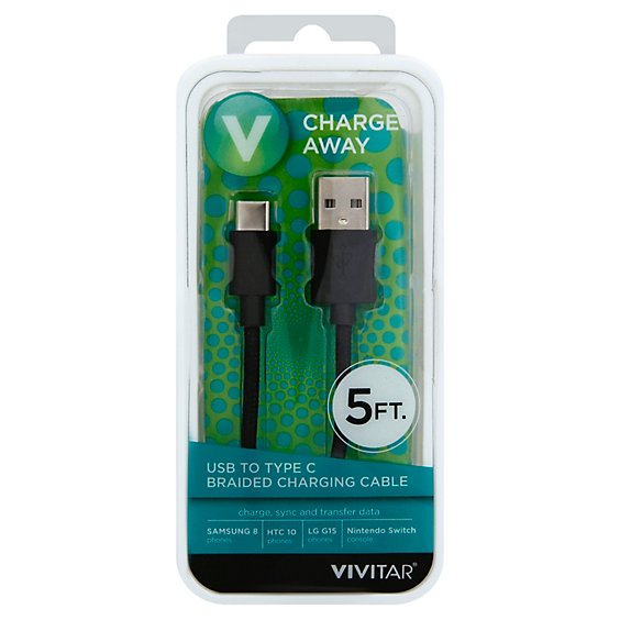 Vivitar Charging Cable Braided Usb To Type C 5 Feet - Each