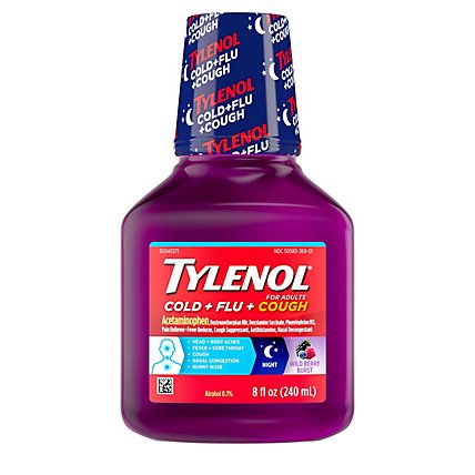 Tylenol Cold Flu & Cough Nighttime Liquid Wildberry - 8 Fl. Oz. - Image 1