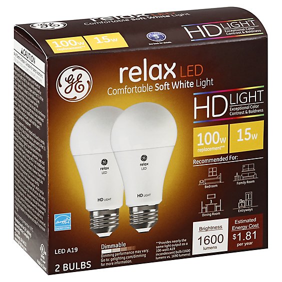GE Light Bulb Relax LED HD Light Soft White Dimmable 100 Watts A21 - 2 Count