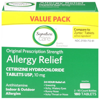 Signature Care Allergy Relief Cetirizine Tabs - 180 Count