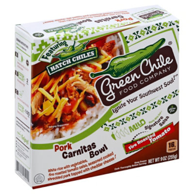 Green Chile Food Company Carnitas Bowl Pork Fire Roasted Tomato Mild