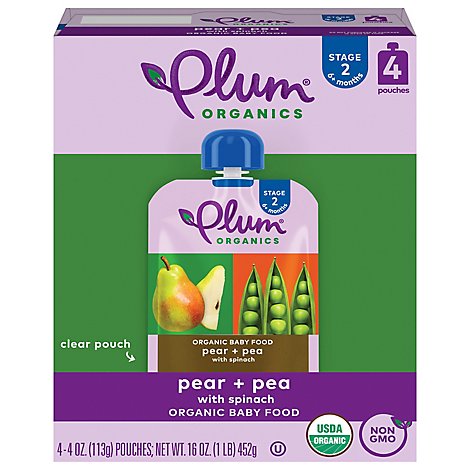 Plum Organics Organic Baby Food 2 (6 Months & Up) Pear Spinach & Pea - 4-4 Oz