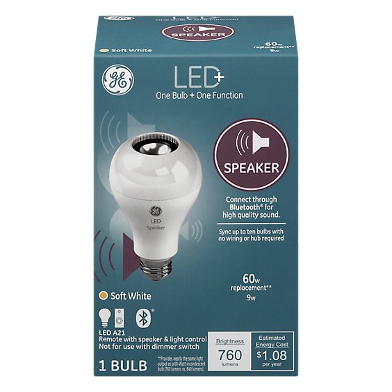 GE Light Bulb LED+ Speaker Soft White 60 Watts A22 - Each