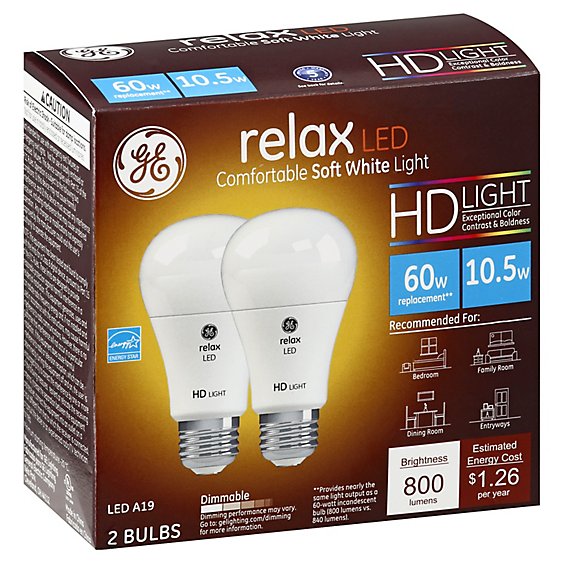 GE Light Bulbs Relax LED HD Light Soft White Dimmable 60 Watts A19 - 2 Count