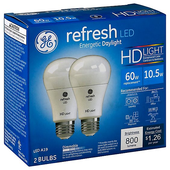 GE Light Bulbs Refresh LED HD Light Daylight Dimmable 60 Watts A19 - 2 Count