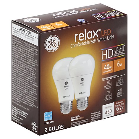 GE Light Bulbs Relax LED HD Light Soft White Dimmable 40 Watts A19 - 2 Count