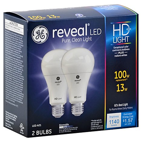 GE Light Bulbs Reveal LED HD+ Light Clean Dimmable 100 Watts A21 - 2 Count