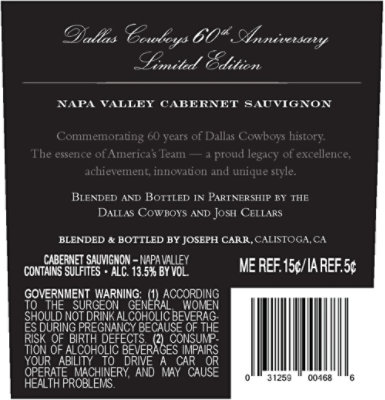 Josh Cellars Dallas Cowboys Cabernet Sauvignon Wine - 750 Ml - Image 2