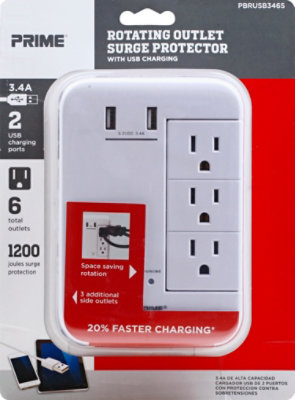 Prime Rotating Outlet Surge Protector 2 USB Port And 6 Outlet 3.4A - Each - Image 2