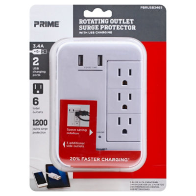 Prime Rotating Outlet Surge Protector 2 USB Port And 6 Outlet 3.4A - Each - Image 1