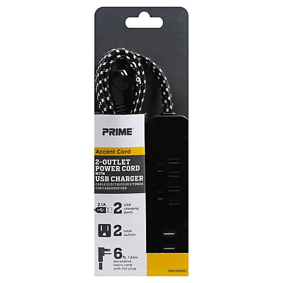 Prime Accent Cord Power Cord 2 USB Port And 2 Outlet 6 Feet - Each