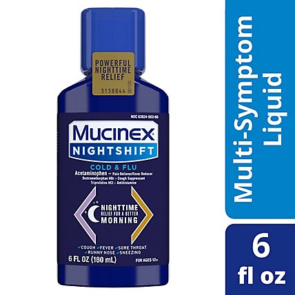 Mucinex Nightshift Cold & Flu Medicine Night Time Relief Liquid -  6 Fl. Oz. - Image 1