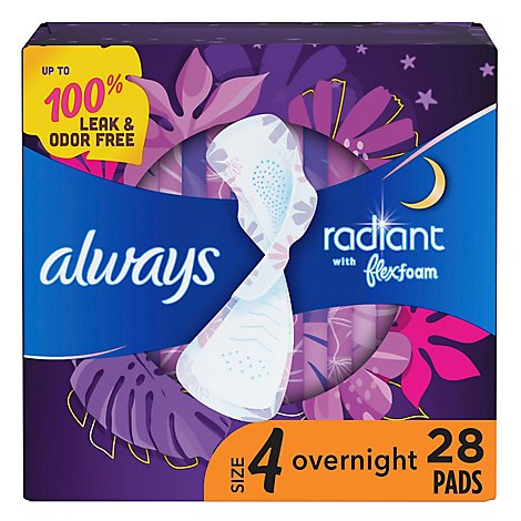 Always Radiant Size 4 Overnight Sanitary Pads With Wings Scented - 28 Count