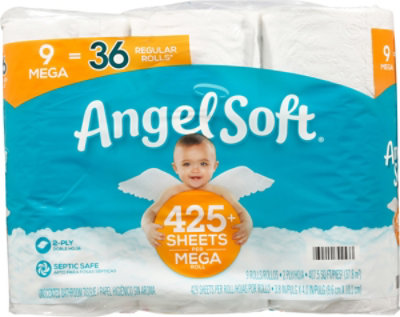 Angel Soft Bathroom Tissue Unscented Mega Rolls 2 Ply Sheets - 9 Roll - Image 2