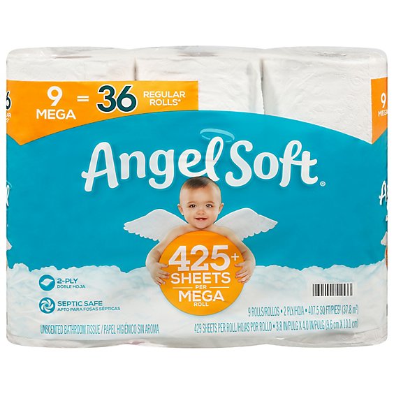 Angel Soft Bathroom Tissue Unscented Mega Rolls 2 Ply Sheets - 9 Roll