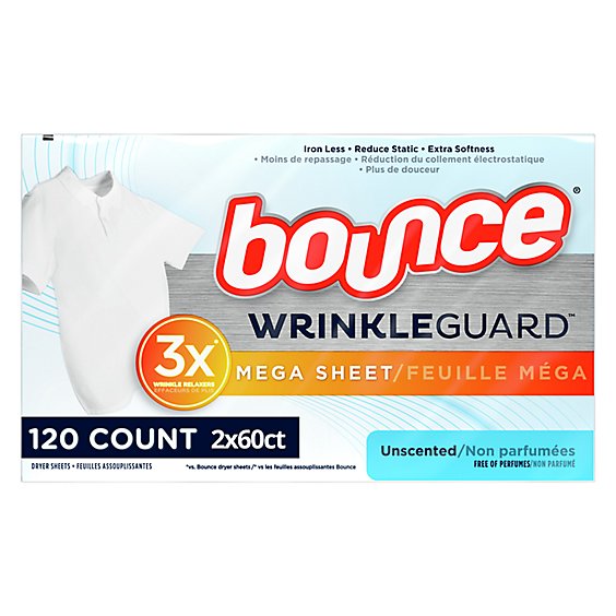 Bounce WrinkleGuard Fabric Softener Dryer Sheets Unscented - 2-60 Count