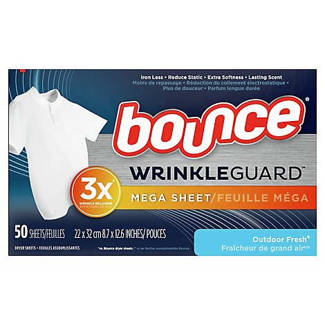 Bounce WrinkleGuard Dryer Sheets Mega Outdoor Fresh - 50 Count