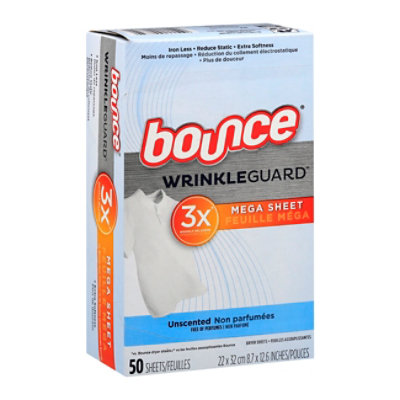 Bounce WrinkleGuard Dryer Sheets Mega Unscented - 50 Count