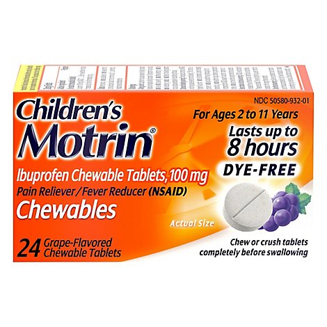 Motrin Childrens Ibuprofen Chewable Tablets 100 mg Dye Free Grape - 24 Count