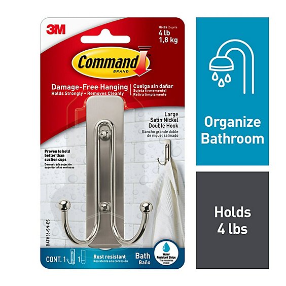 3M Command Hook 1 Satin Nickel Double Bath Hook With 1 Large Water Resistant Strip - Each