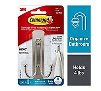 3M Command Hook 1 Satin Nickel Double Bath Hook With 1 Large Water Resistant Strip - Each