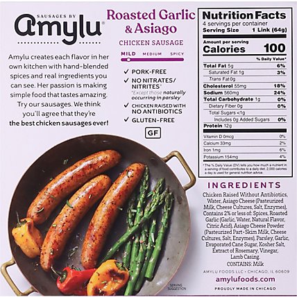 Sausages by Amylu Antibiotic Free Roasted Garlic & Asiago Chicken Sausages - 9 Oz. - Image 6