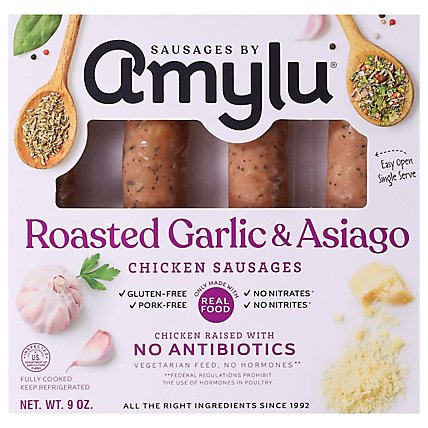 Sausages by Amylu Antibiotic Free Roasted Garlic & Asiago Chicken Sausages - 9 Oz. - Image 1