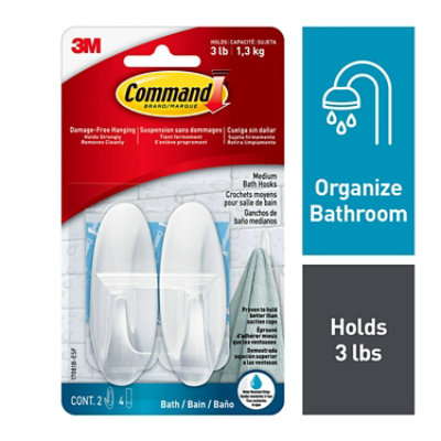3M Command Bath Hooks White Medium 2 Hooks 4 Strips - 2 Count