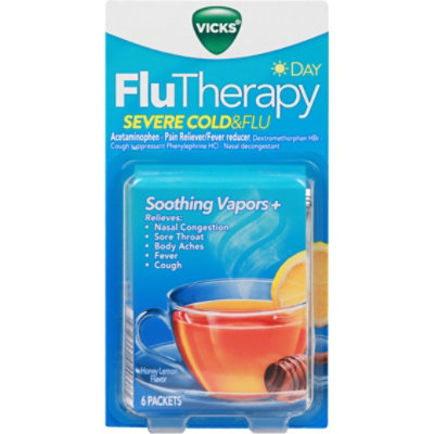  Vicks FluTherapy Pain Reliever Day Severe Cold & Flu Packets Honey Lemon - 6 Count 