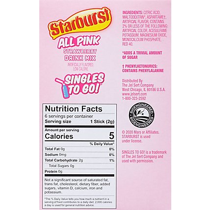 Starburst Drink Mix Singles To Go Low Calorie Strawberry All Pink 6 Count - 0.43 Oz - Image 5