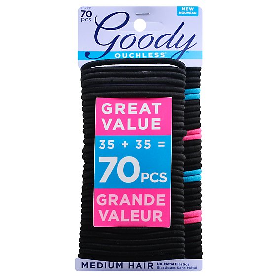 Goody Ouchless Elastics No Metal Braided Medium Hair Black - 70 Count
