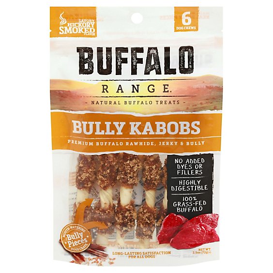 Buffalo Range Bully Kabobs Dog Chews Savory Hickory Smoked 6 Count - 2.5 Oz