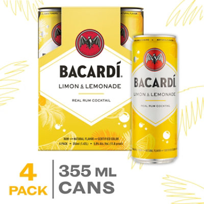 Bacardi Limon And Lemonade Gluten Free Ready to Drink Real Rum Cocktail Slim Multipack - 4-355 Ml - Image 1