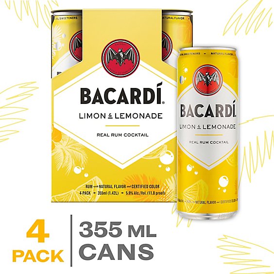 Bacardi Limon And Lemonade Gluten Free Ready to Drink Real Rum Cocktail Slim Multipack - 4-355 Ml