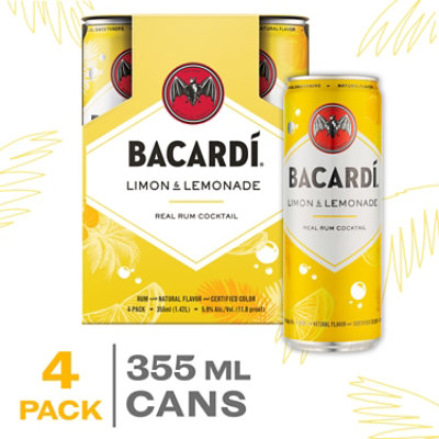 Bacardi Limon And Lemonade Gluten Free Ready to Drink Real Rum Cocktail Slim Multipack - 4-355 Ml