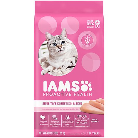 IAMS Proactive Health Cat Food Dry Adult Sensitive Digestion & Skin With Real Turkey - 3 Lb