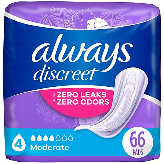 Always Discreet Moderate Up To 100% Leak Protection Incontinence Pads - 66 Count