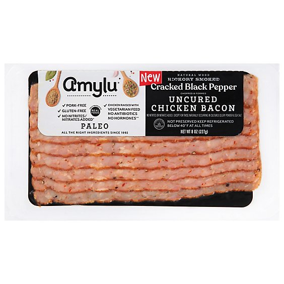 Sausages by Amylu Antibiotic Free Cracked Black Pepper Uncured Chicken Bacon - 8 Oz.