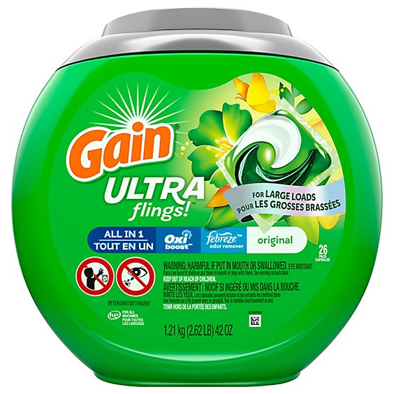 Gain Ultra Flings Original Scent Liquid Laundry Detergent Pac Designed for Large Loads - 26 Count