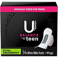 U by Kotex Teen Ultra Thin Unscented Extra Absorbency Feminine Pads With Wings - 14 Count - Image 1