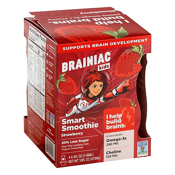 Brainiac Kids Yogurt Omega 3 Smart Smoothies Strawberry 4 Count - 4oz