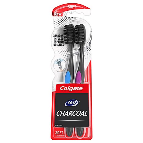 Colgate 360 Charcoal Manual Toothbrush Slimmer Tip Soft Bristles - 2 Count