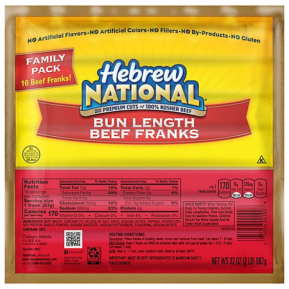 Hebrew National Bun Length Beef Franks - 32 Oz