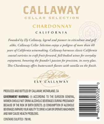 Callaway Cellar Selection Wine Chardonnay - 750 Ml - Image 3