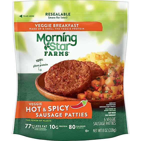 MorningStar Farms Meatless Sausage Patties Plant Based Protein Hot and Spicy 6 Count - 8 Oz