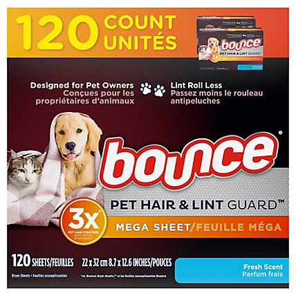 Bounce Pet Hair & Lint Guard Mega With 3X Pet Hair Fighters Fresh Scent Dryer Sheets - 120 Count - Image 1