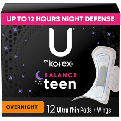 U by Kotex Balance Teen Overnight Ultra Thin Pads with Wings - 12 Count - Image 1