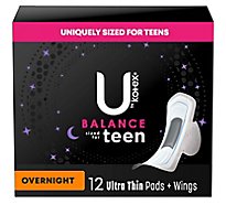 U by Kotex Teen Ultra Thin Unscented Overnight Feminine Pads With Wings - 12 Count