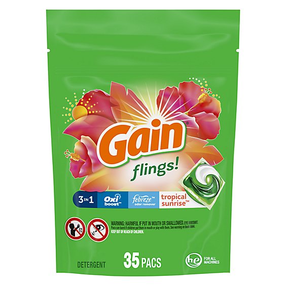 Gain Flings! Liquid Laundry Detergent Soap Pacs HE Compatible Tropical Sunrise Scent - 35 Count